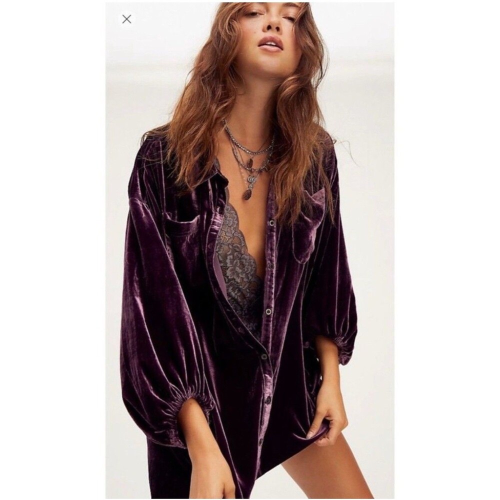 FREE PEOPLE Purple Lux Velvet Shirt Dress Oversized Boho Fairy Whimsigoth Sz S
